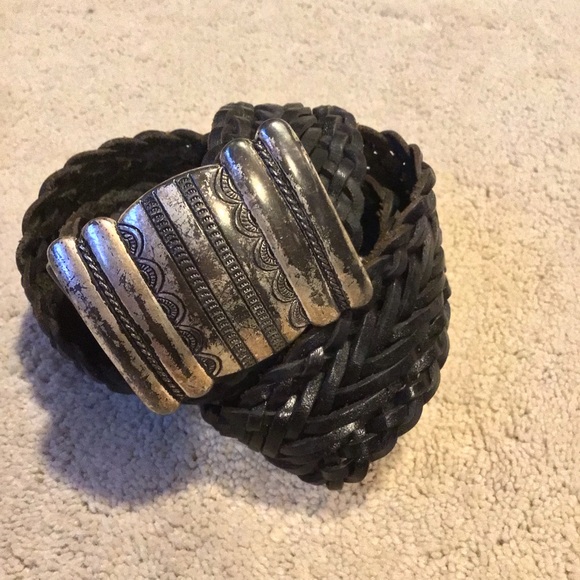 Vintage Silver and Black Genuine Leather Braided Belt - Picture 2 of 3